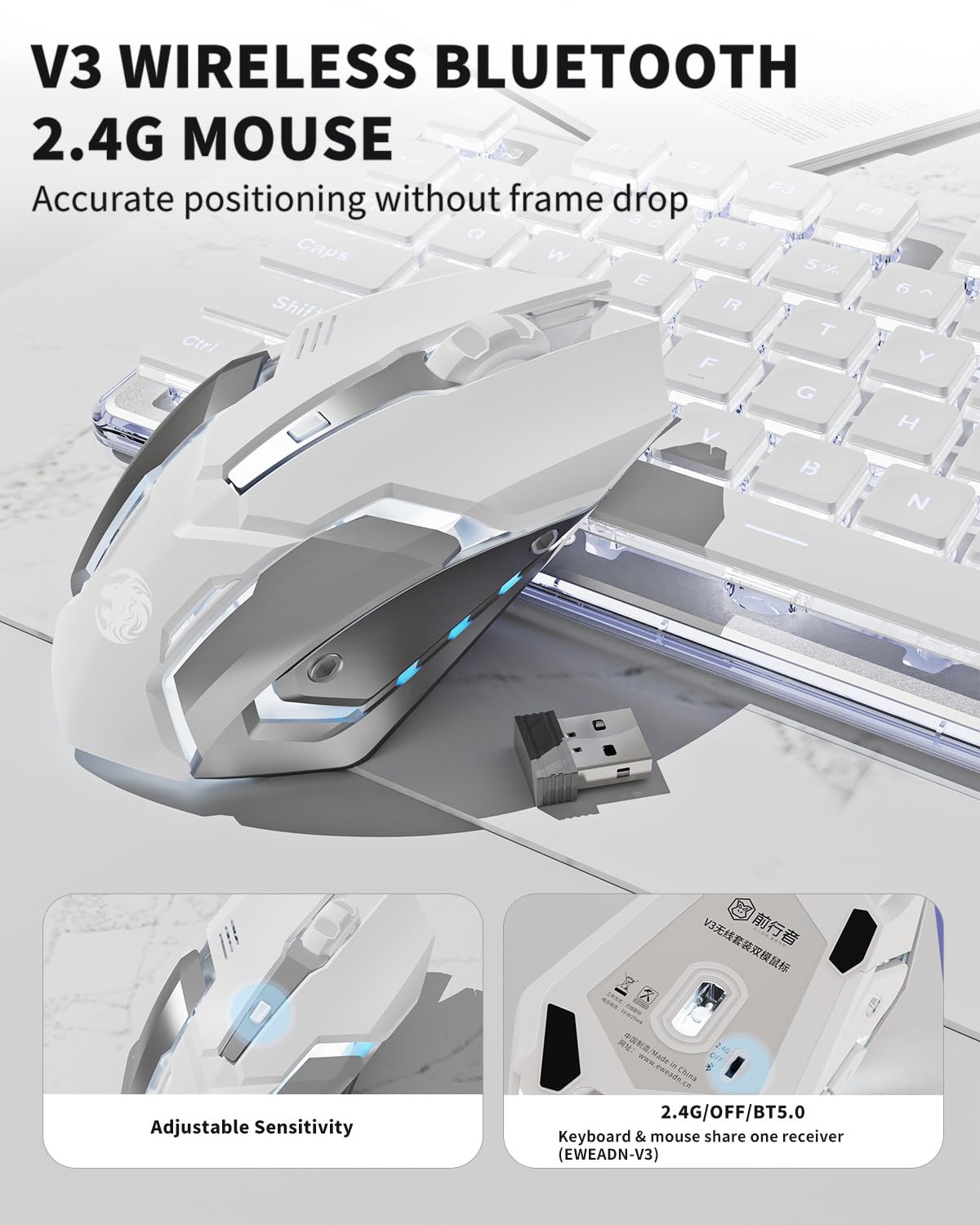 V3 Wireless Keyboard and Mouse with Single Backlit, Metal Panel, Bluetooth/2.4G Rechargeable Computer Keyboard and Mouse Combo Silent Lighted Full Size Cute Keyboards-White