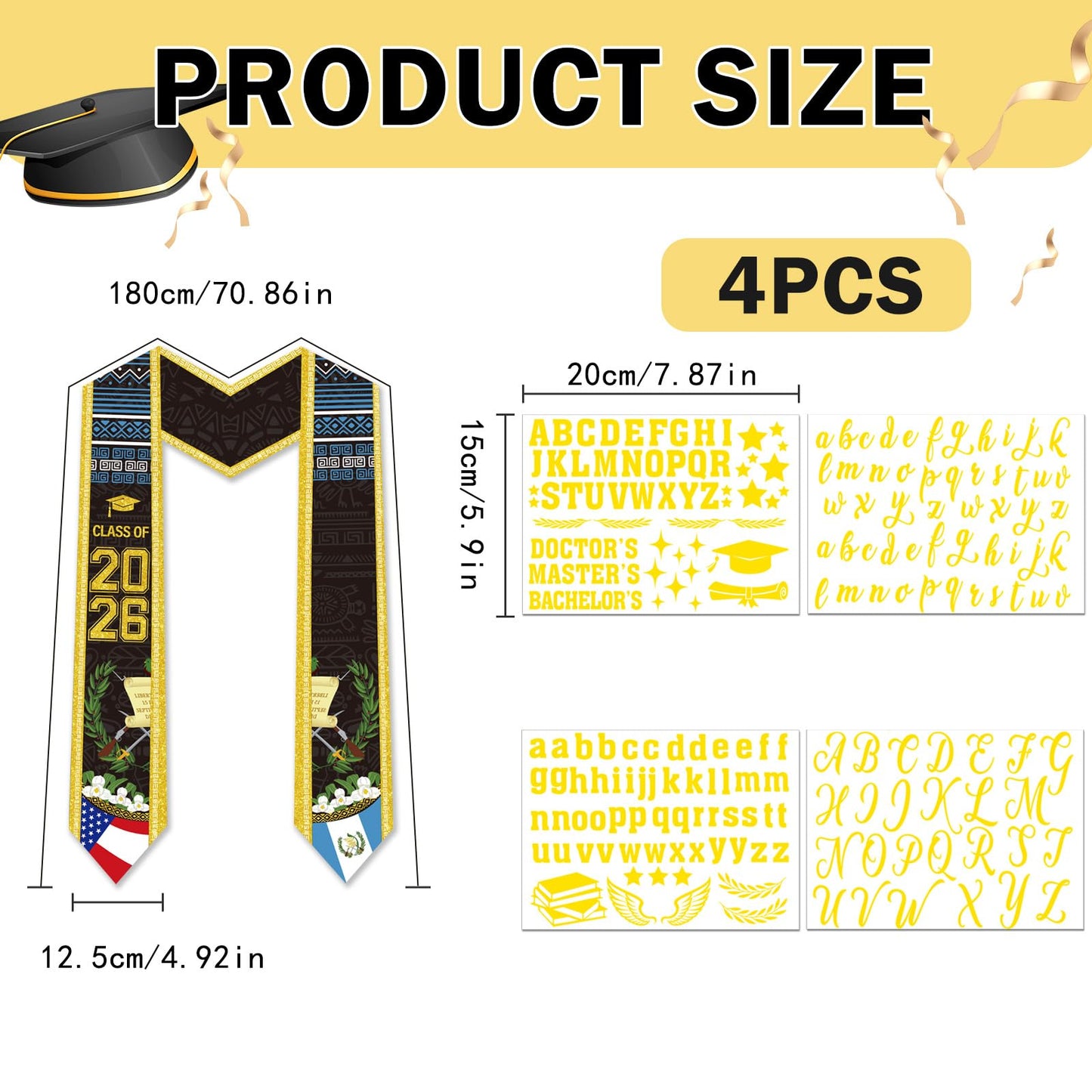 Dazoratix Filipino Graduation Stole 2026 - Philippines American Flag Sash Personalized Custom Glitter Iron on Letters Patches DIY Customize Transfer Stickers for Senior Student School Grad Decorations BST326L