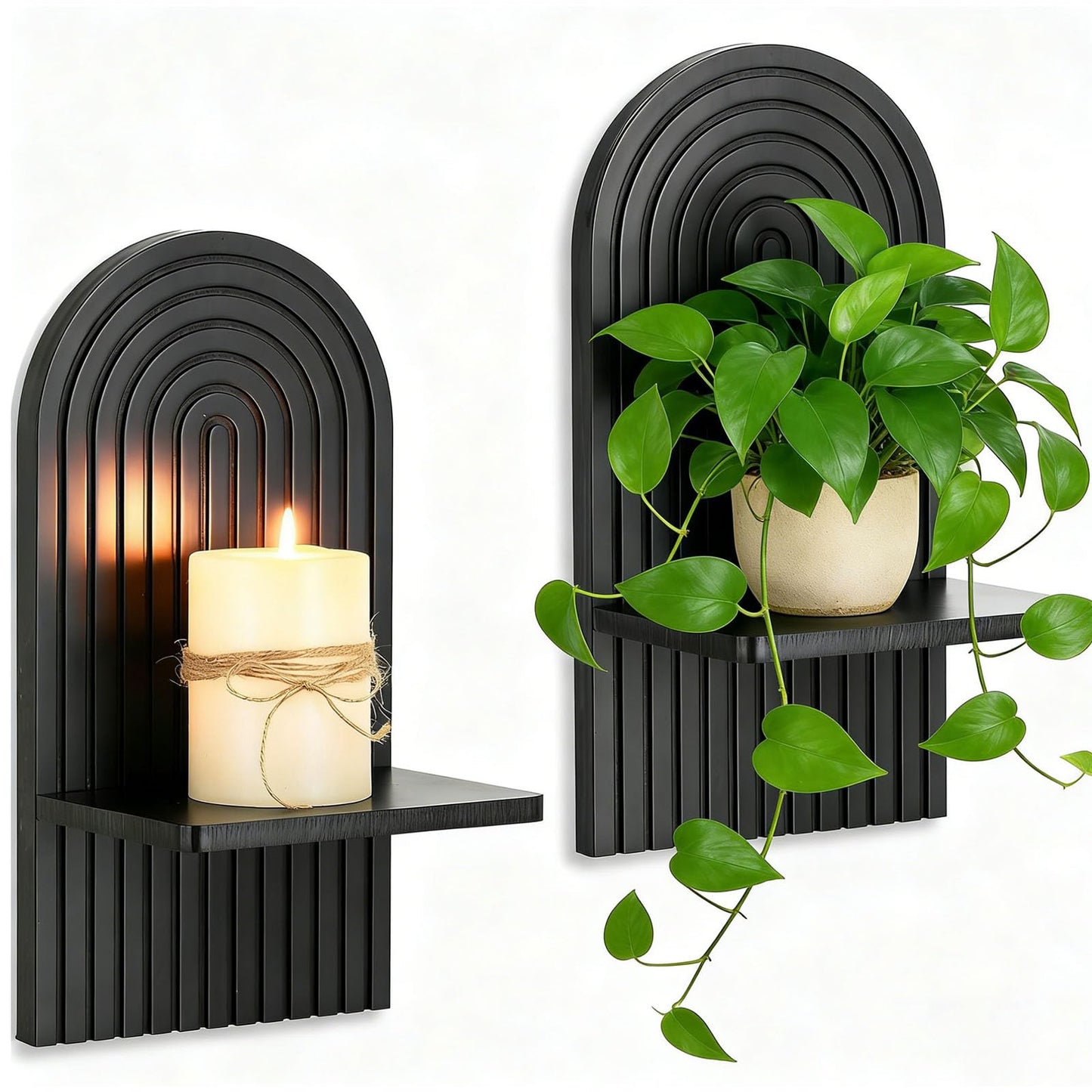 Boho Wall Candle Holder Decor: Mid Century Candle Sconces Set of 2 for Plants Pillar Candles - White Wood Modern Minimalist Arch Candle Shelf Bohemian Art Decor Beside Fireplace TV BST220