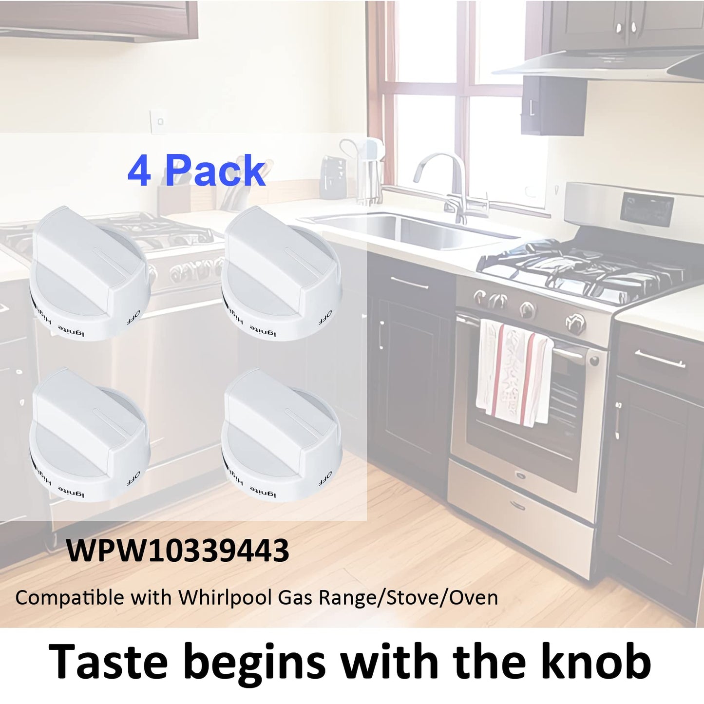 Upgrade WPW10339443 Gas Stove Knobs Replacements, Compatible with White Whirlpool Gas Stove Range Oven Knobs, Replacement Part for W10339443(4 Pack) BST220