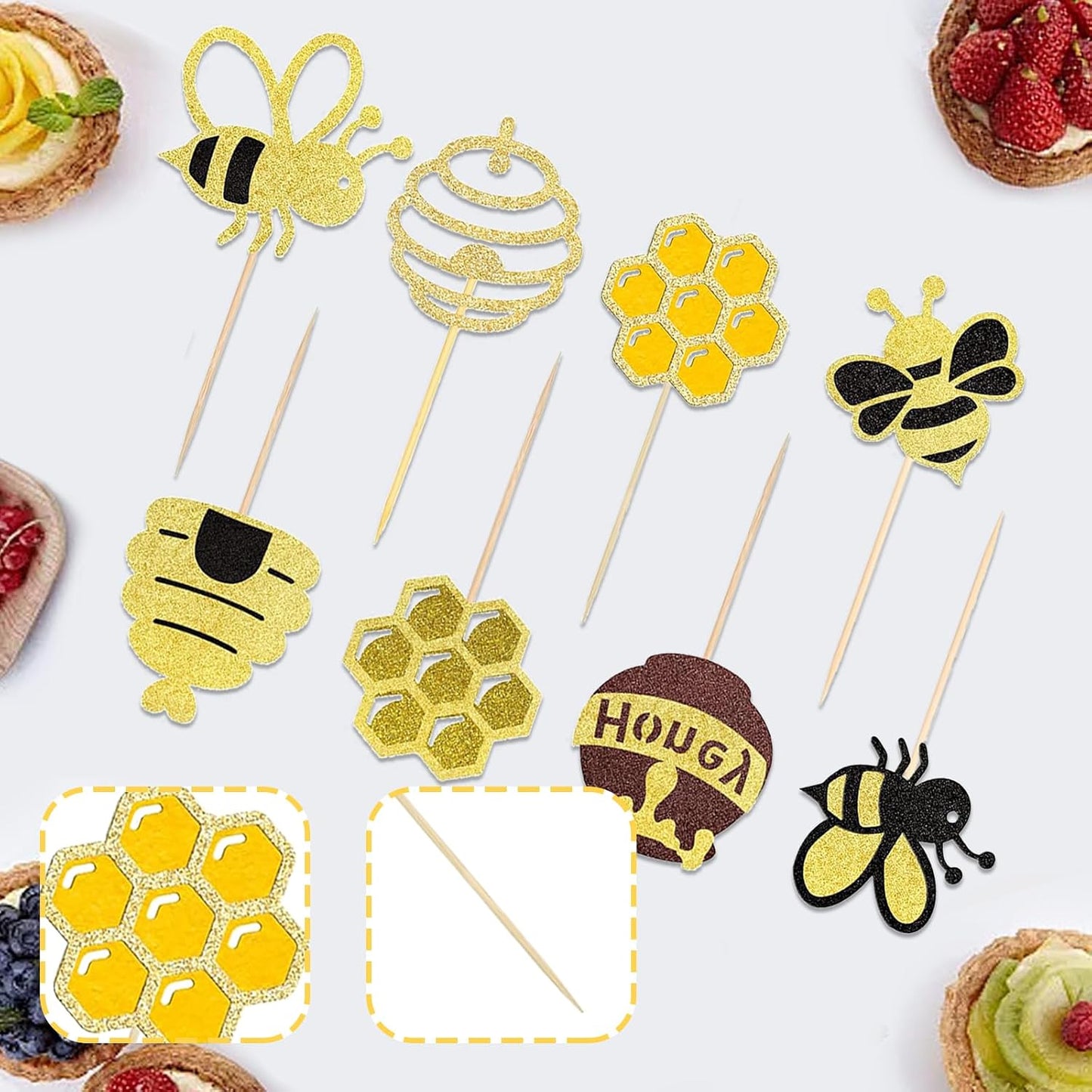 24 PCS Bumble Bee Cupcake Toppers Glitter Heart Honeycomb Bee Cupcake Picks BaBy Shower Cake Decorations for Bee Theme Baby Shower Kids Birthday Party Supplies WN420