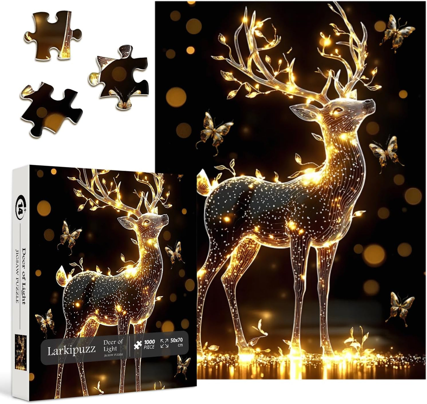 Deer Puzzles for Adults 1000 Pieces, Larkipuzz Impossible Butterfly Jigsaw Puzzle Crystal Art, Difficult Unique Sparkling Animal Theme as Home Decor WN420