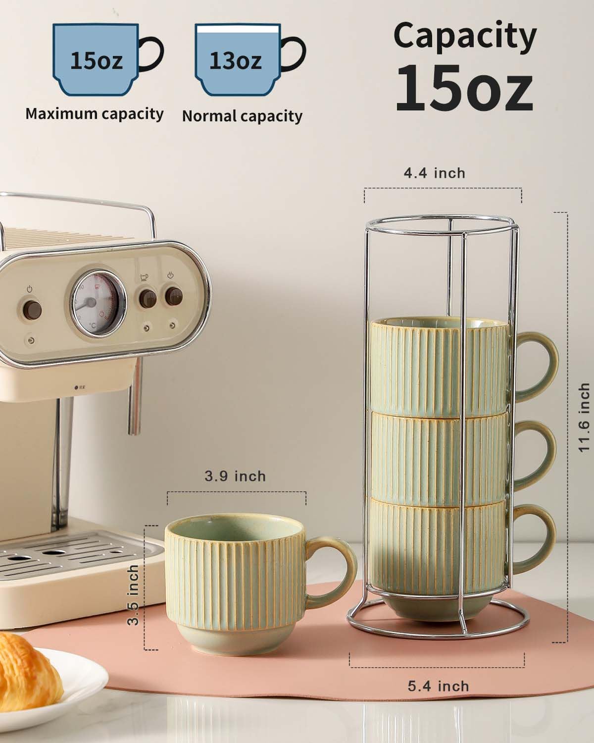HASENSE 15 oz Ribbed Stackable Coffee Mug Set of 4, Porcelain Latte Cups with Metal Rack, Dishwasher & Microwave Safe, Cappuccino Tea Hot Cocoa, White BST220