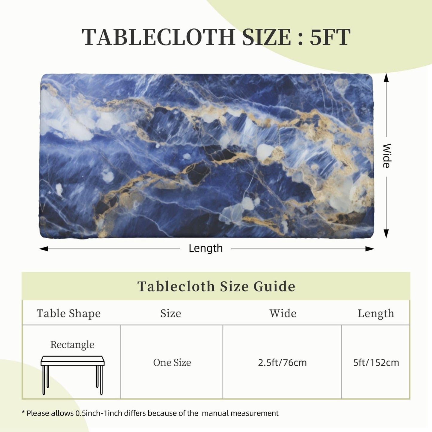 Blue Marble Rectangle Tablecloth with Elastic Edge, 5FT Table Cloths Washable Reusable Rectangular Table Cover for Kitchen Dining Party, 60" L X 30" W BST202