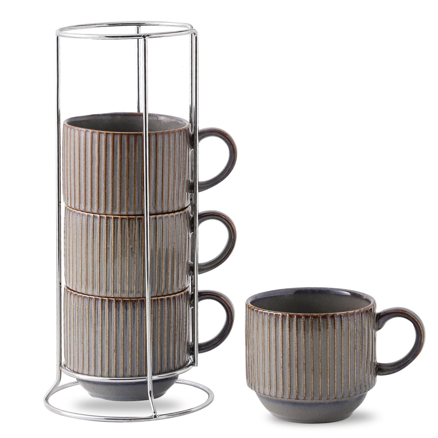 HASENSE 15 oz Ribbed Stackable Coffee Mug Set of 4, Porcelain Latte Cups with Metal Rack, Dishwasher & Microwave Safe, Cappuccino Tea Hot Cocoa, White BST220