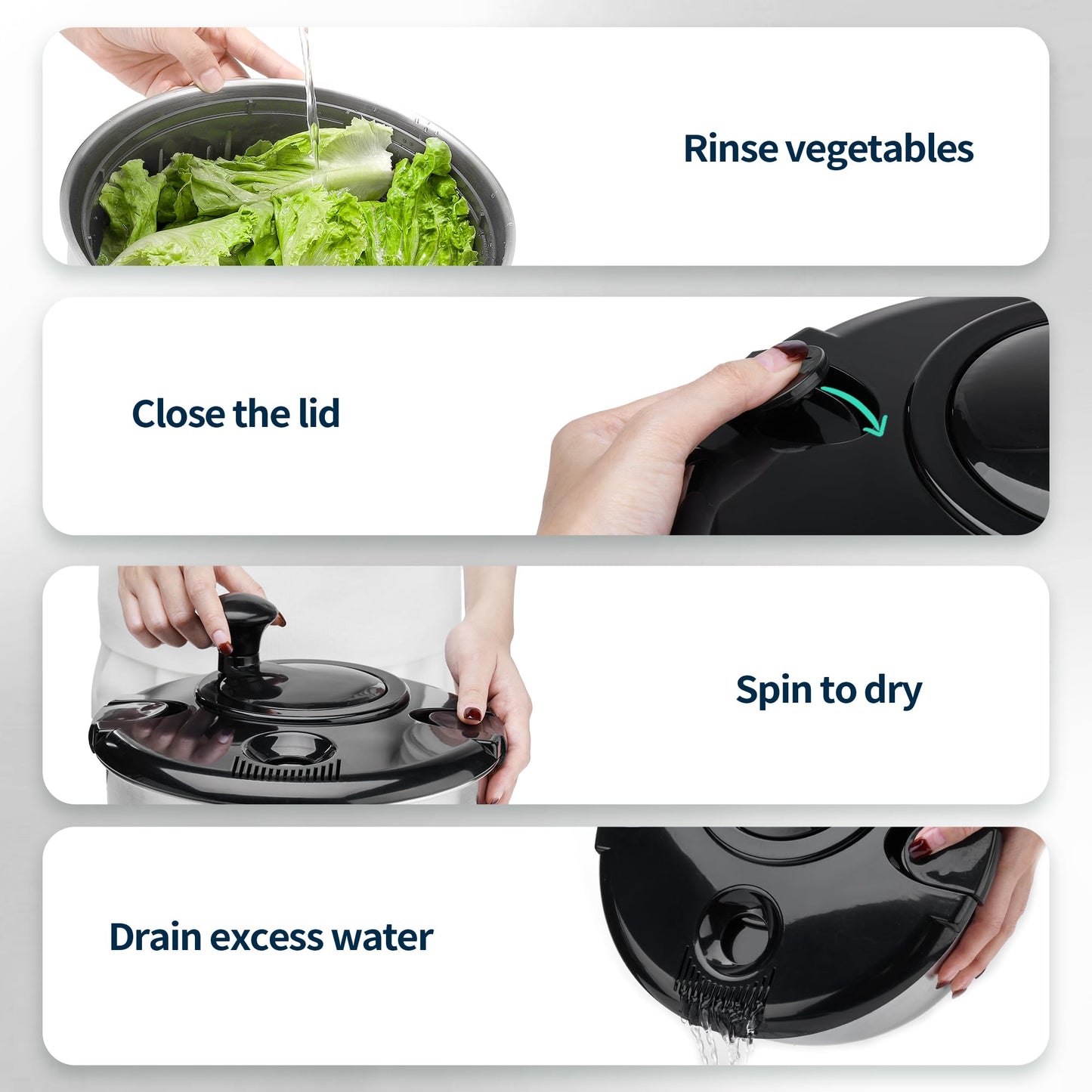Stainless Steel Salad Spinner, 4.8 Qt Vegetable Washer, BPA-Free Lettuce Dryer with Crank Design, Easy Clean, Non-Slip Base - Transparent Lid BST220