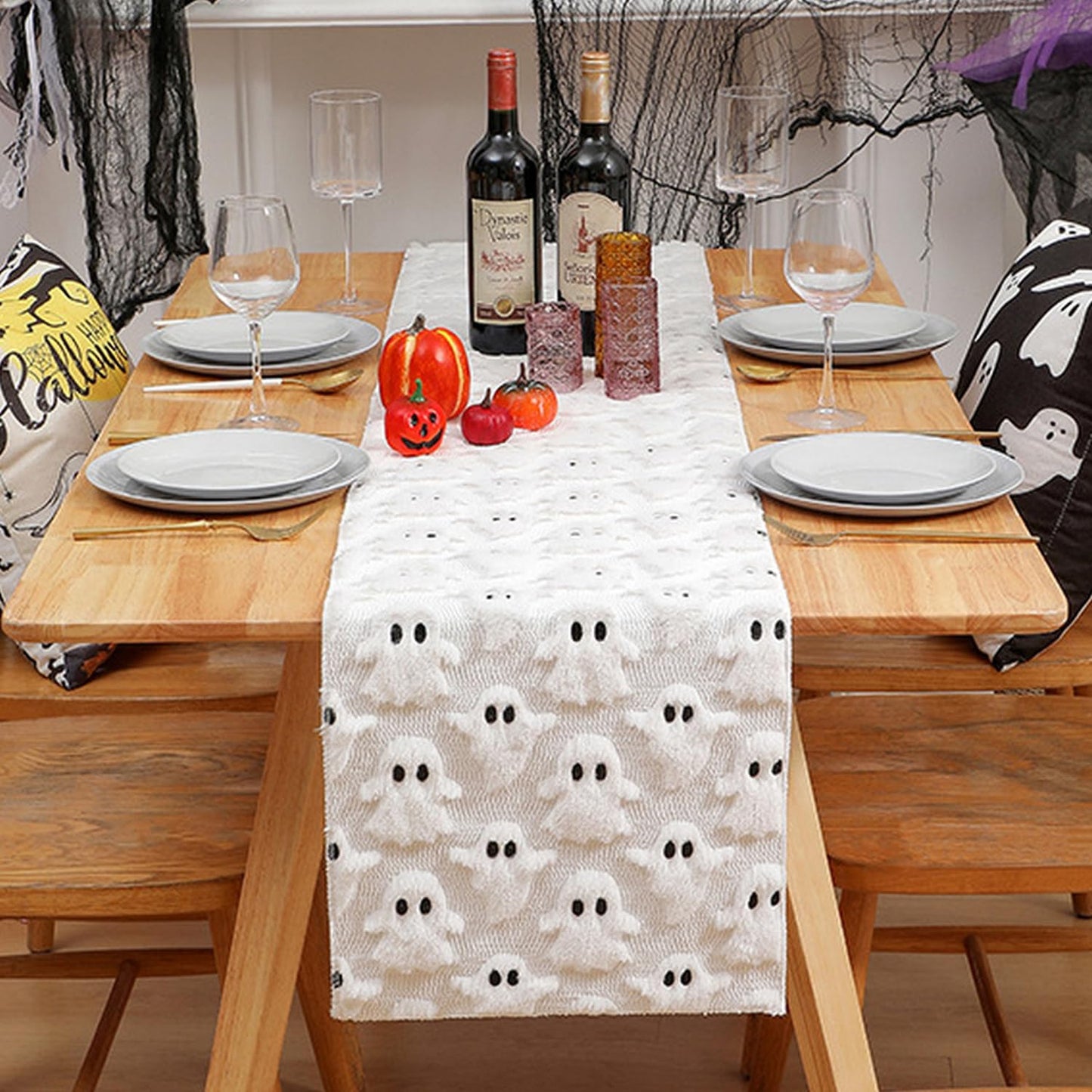 Halloween Pumpkin Table Runner Quilted Plush 3D Table Runners Fall Autumn Ivory Halloween Runners for Tables Kitchen Dining Decorations Party Supplies 13x37 Inch WN420