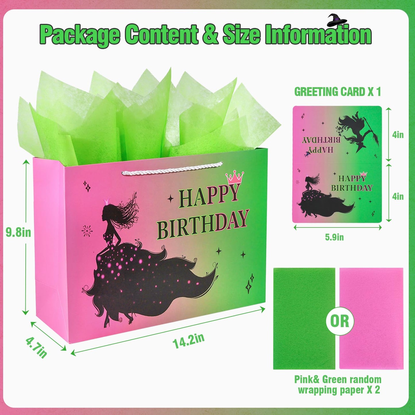 Kecorax Birthday Gift Bag for Women, 14" Large Birthday Bags Set for Girls with Tissue Paper, Card and Ribbons, Suitable for Birthday-themed Parties BST220
