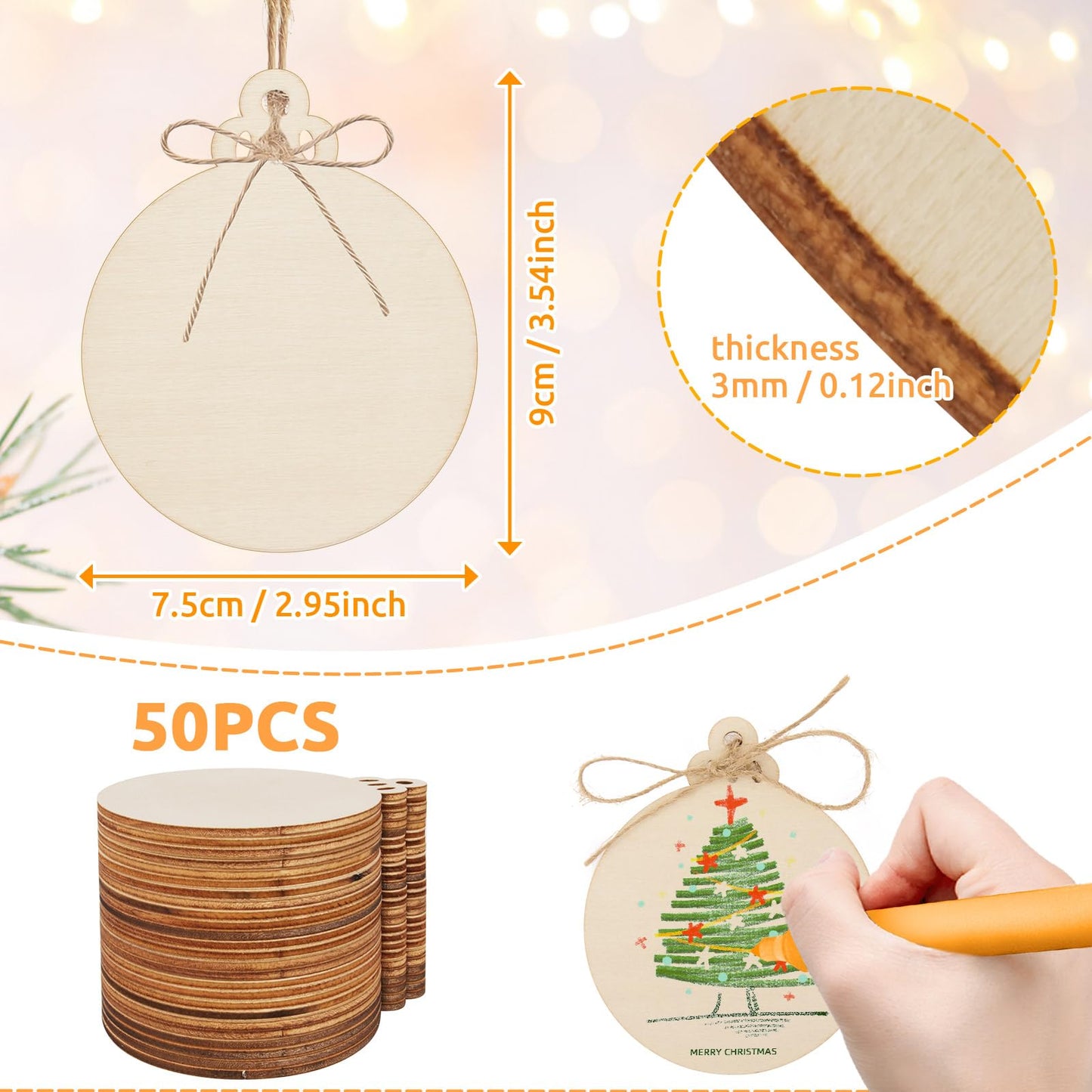 Philorn 50pcs Wooden Ornaments for Crafts 3.5" Unfinished DIY Wooden Ornaments, Predrilled Wood Slices Circles for Crafts Paint Holiday Hanging Decorations