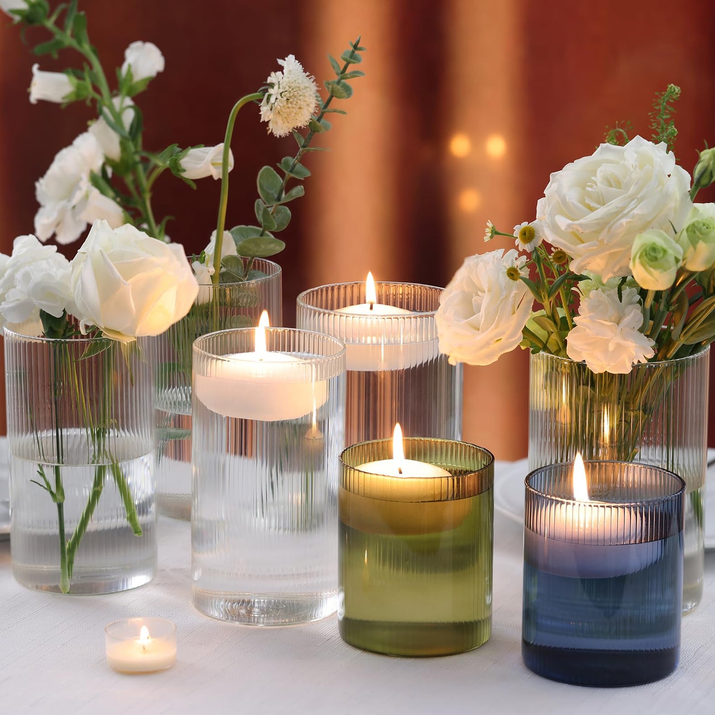 Glass Ribbed Cylinder Vases, 8 Inch Tall, Clear, Pack of 3 | Flower Vases in Bulk, Hurricane Floating Candle Vases, For Party Home Decor BST326H