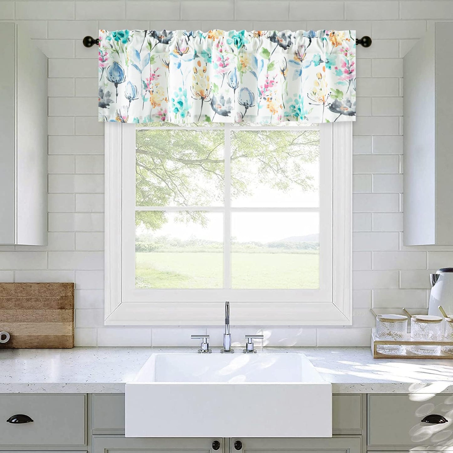 Leeva Farmhouse Kitchen Valances for Windows, Watercolor Blossoming Floral Print Curtains, Soft Faux Linen Curtain Toppers and Valances for Bedroom, 60 x 14 Inch, Brown & Grey, 1 Panel BST220