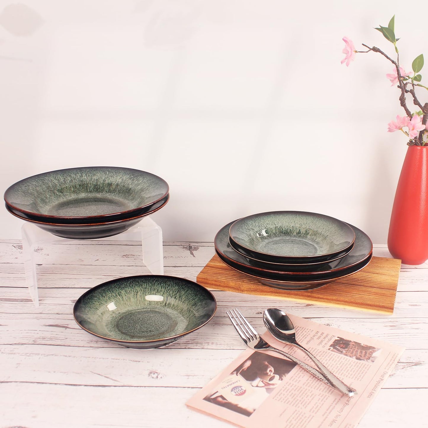 Ceramic Rimmed Soup Plate, Soup Bowl 6.4 oz, Pasta Bowl Set of 4, Shallow Bowl Plate with Rim, Best choice for high-end restaurants, hotels, and foodies, Teal reactive glaze, 9.3 Inch BST202