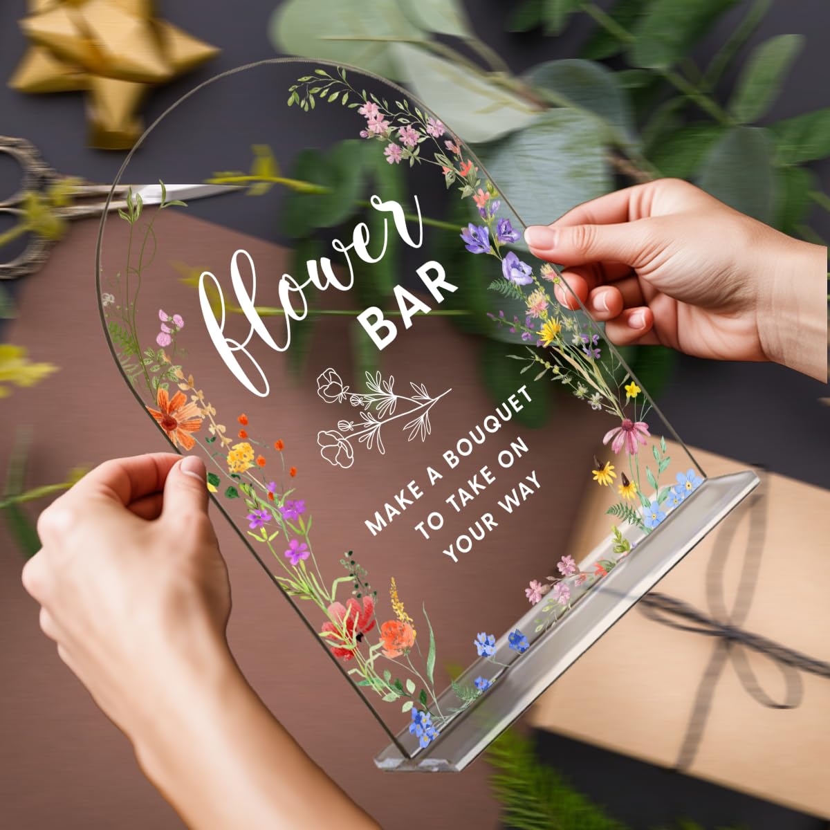 Acrylic Wedding Signs, Pick A Card Signs for Marriage Reception, Bridal Shower Decorations, Modern Arched Round Top Acrylic Table Top Sign with Holder for Wedding Party Dinner (Clear Wildflowers) BST326L