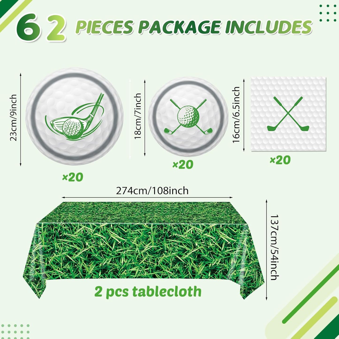 Golf Party Plates Napkins Tablecloth- 62PCS Golf Party Supplies Golf Party Tableware Set Golf Theme Paper Plates Napkins and Tablecover Disposable Golf Plates Golf Birthday Party Decorations Supplies BST220