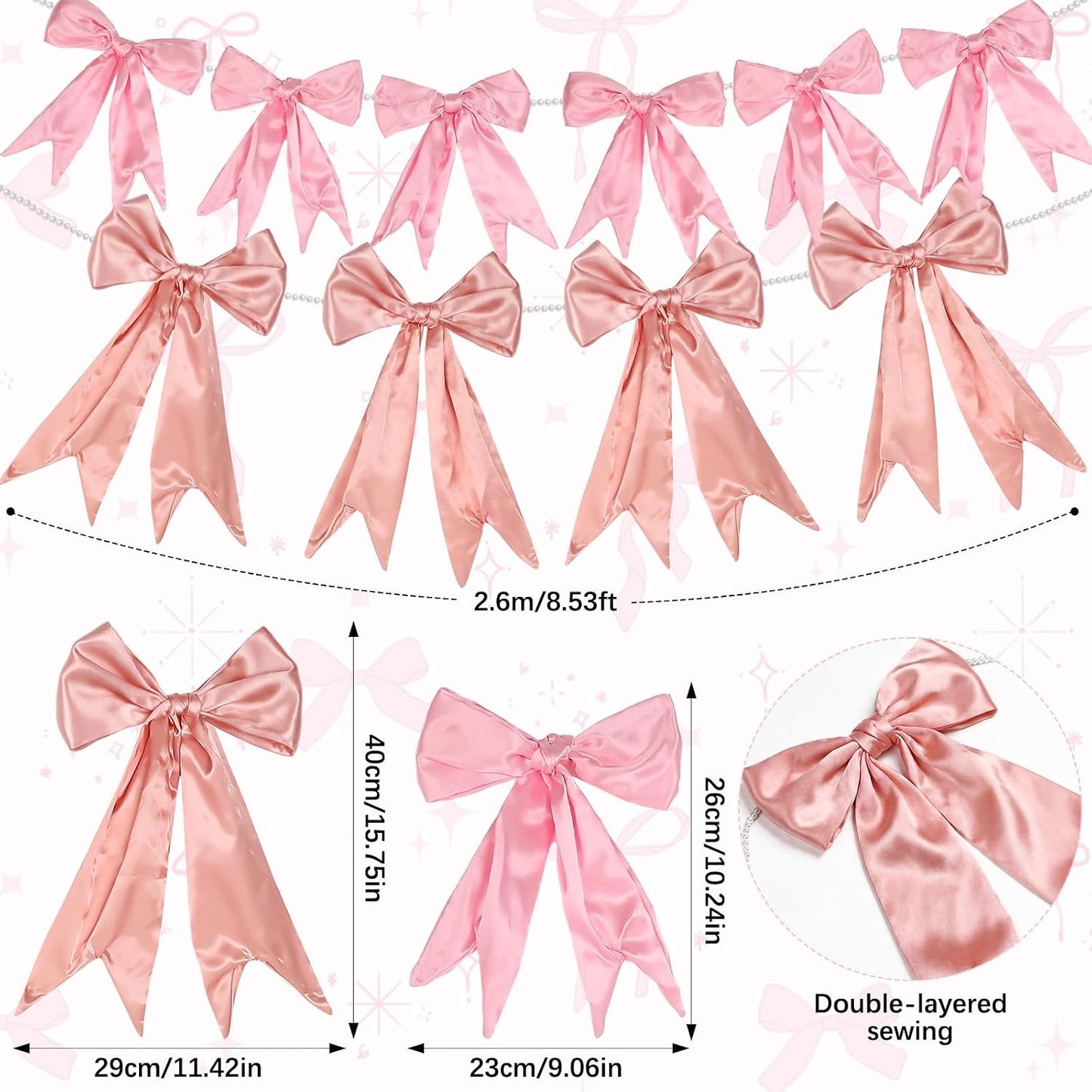 2 Pcs 8.5 ft Large Pink Bow Garland Banner with Pearl Chain Satin Ribbon Pink Bow Hanging Wall Decor for Wedding Birthday Bachelorette Coquette Bridal Baby Shower Engagement Decoration BST202