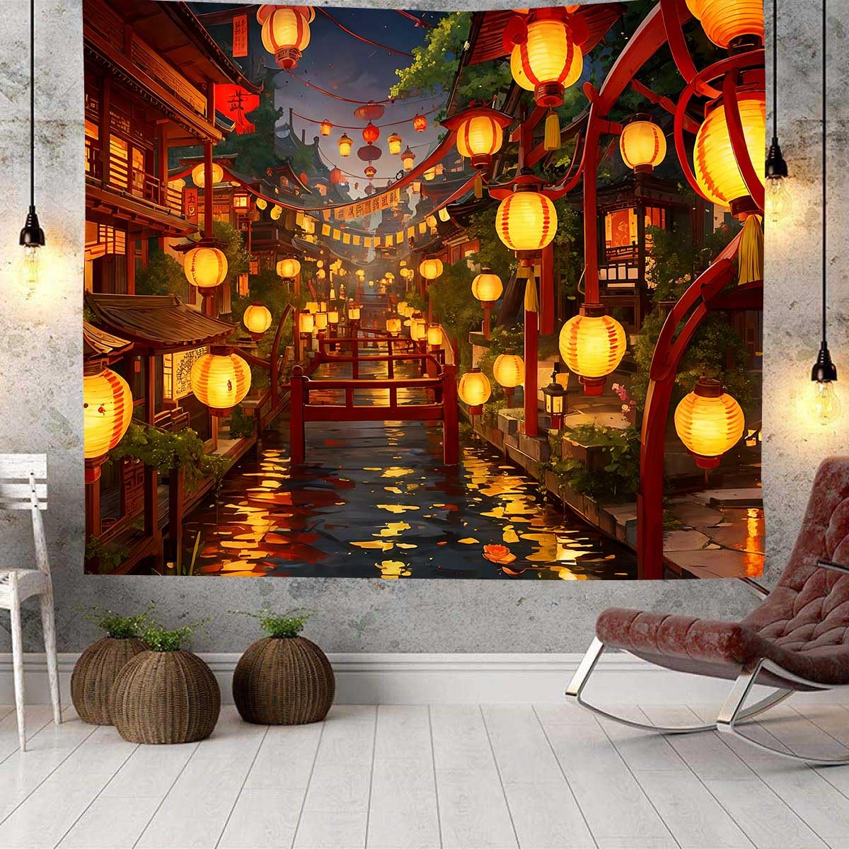 Ine Ive Japanese Tapestry Wall Hanging Large Size 93x71 Inch | Traditional Japan Streets filled with lanterns tapestry for Bedroom Living Room Dorm Office Restaurant Wall Decor BST202
