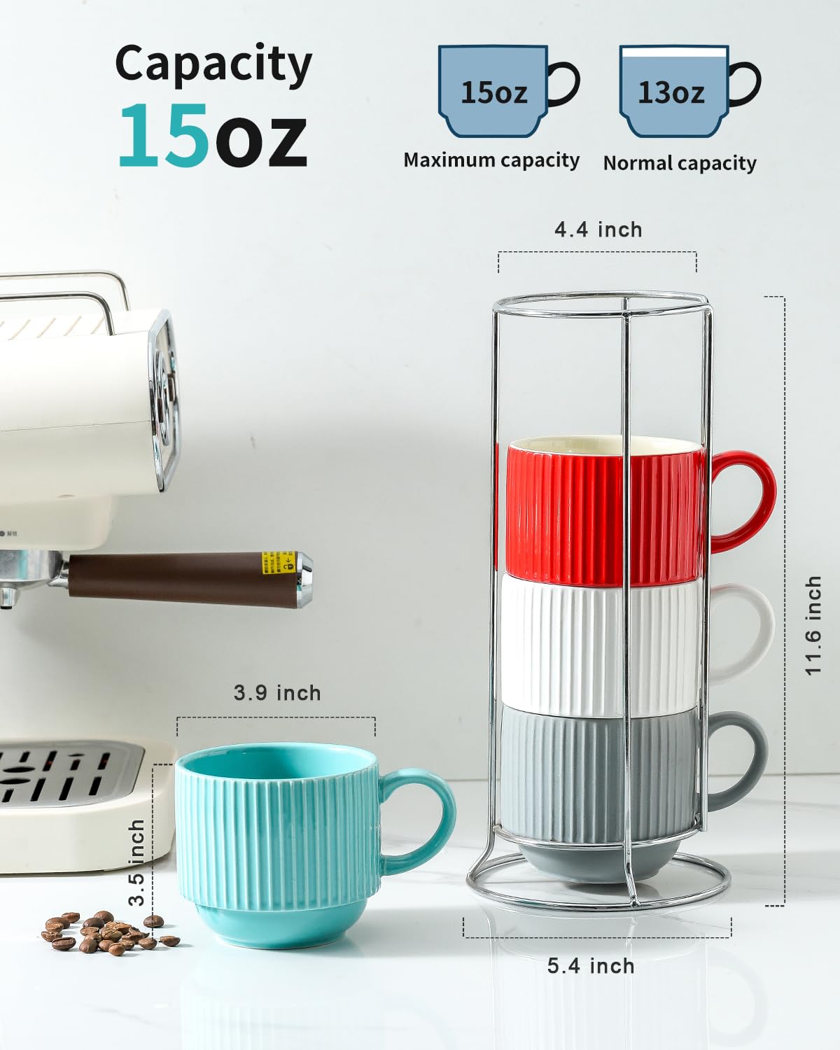HASENSE 15 oz Ribbed Stackable Coffee Mug Set of 4, Porcelain Latte Cups with Metal Rack, Dishwasher & Microwave Safe, Cappuccino Tea Hot Cocoa, White BST220