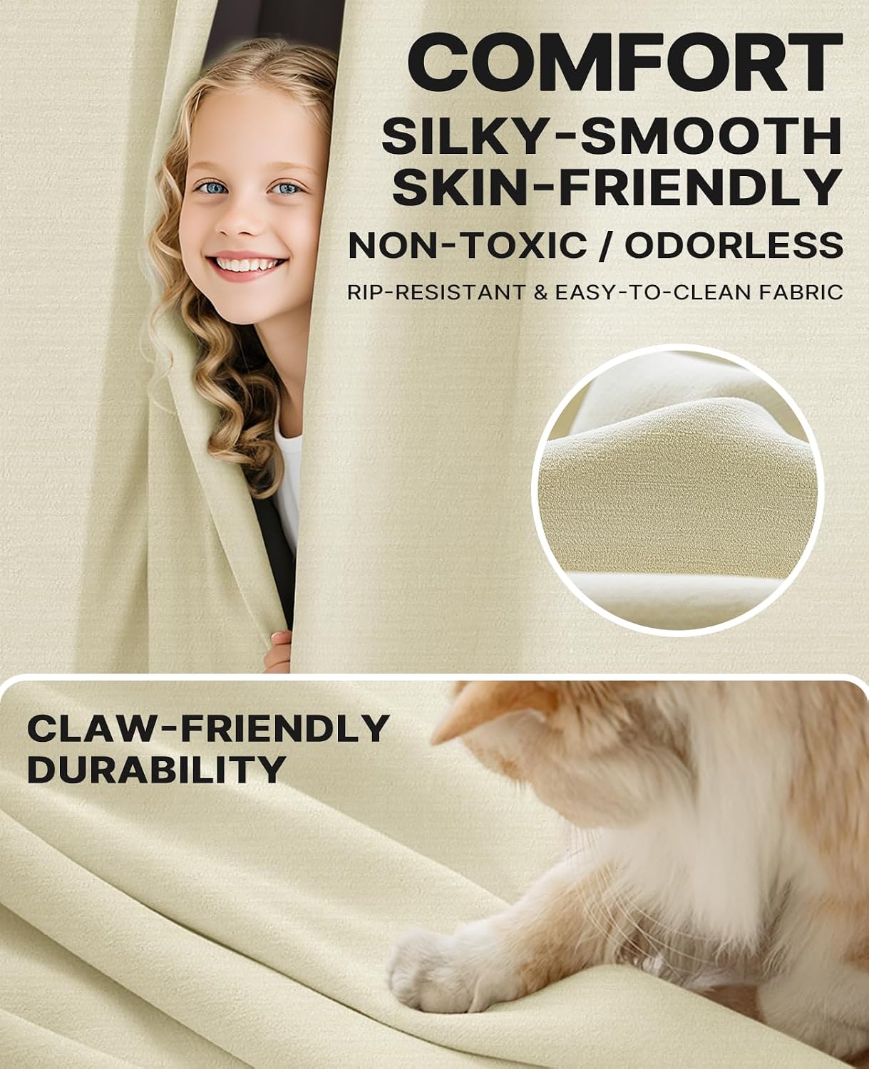 Beige Blackout Chenille Curtains 52x90 Inch - Thermal Insulated Room Darkening Drapes with Grommet, Ultra Soft Wrinkle Resistant Noise Reducing Window Treatments for Bedroom Living Room, 2 Panels Set BST202