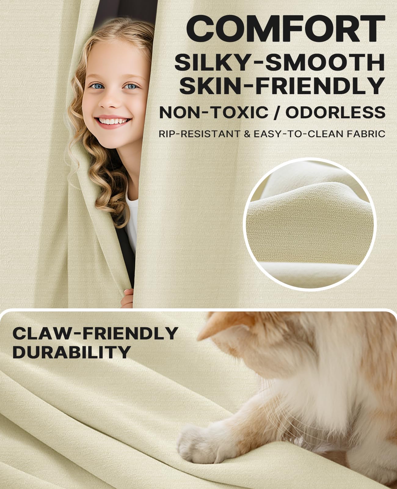 Beige Blackout Chenille Curtains 52x90 Inch - Thermal Insulated Room Darkening Drapes with Grommet, Ultra Soft Wrinkle Resistant Noise Reducing Window Treatments for Bedroom Living Room, 2 Panels Set BST202