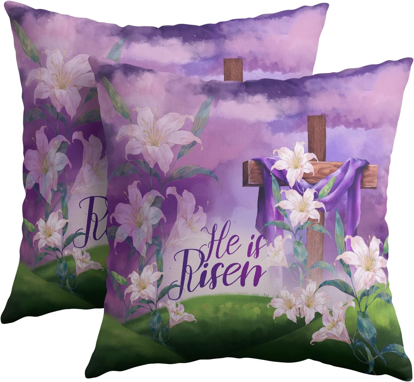 Kawani Easter Throw Pillow Covers 18x18 Set of 2 He is Risen Cushion Case Cotton Linen Square Happy Easter Purple Throw Pillows Case for Spring Flowers Party Sofa Couch Bed Bench Outdoor BST326L