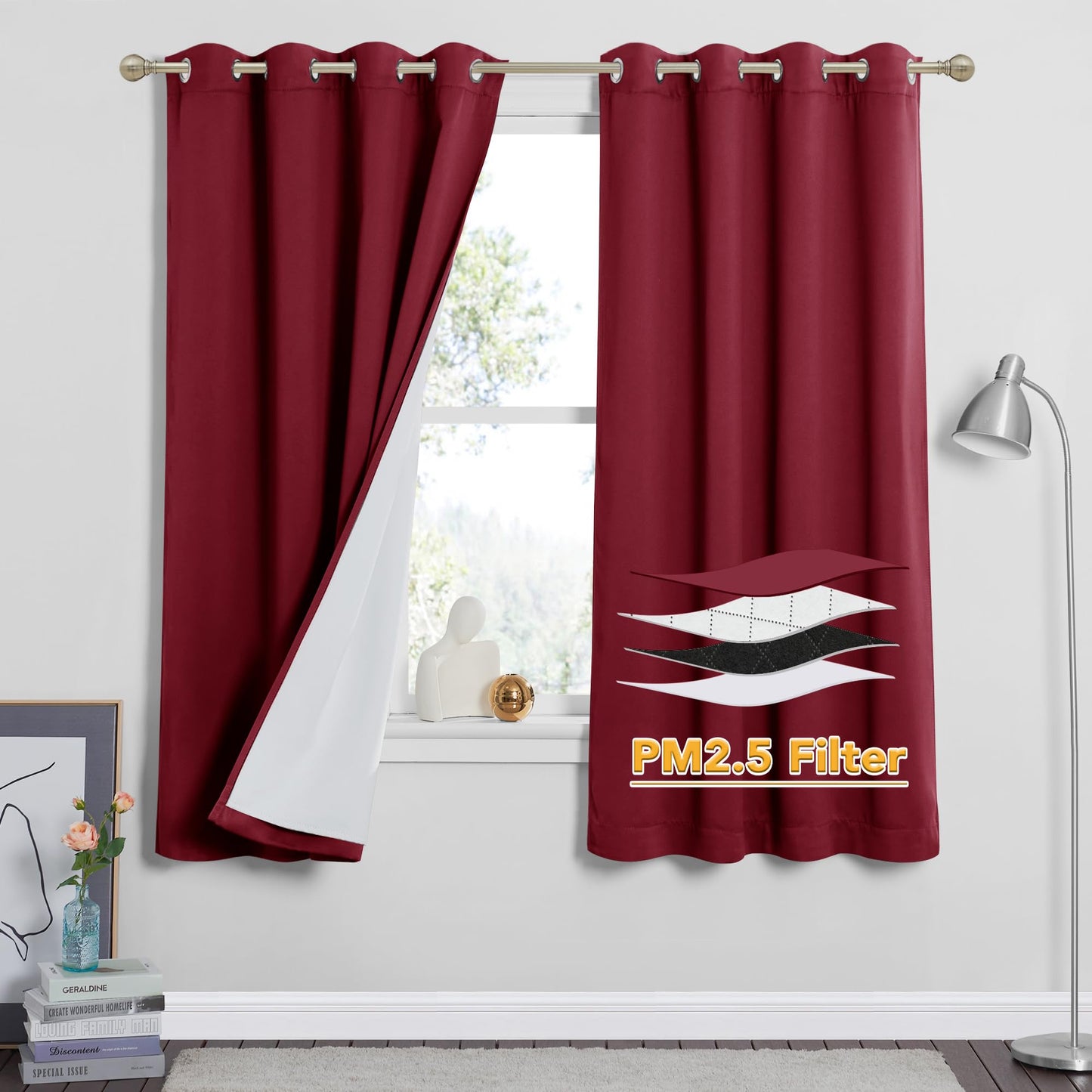RYB HOME 4-in-1 Dust Filtering Soundproof Blackout Insulating Privacy Window Curtains for Nursery Bedroom Living Room Rivider Sound Absorption Sheet, Black, W52 x L90 inch, 2 Panels BST220
