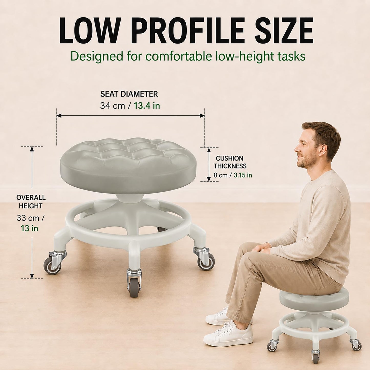 Low Rolling Stool with Smooth & Quiet Bearing Rubber Wheels, Heavy Duty 600 lb Capacity Mechanics Rolling Seat for Garage, Salon, Cleaning & Auto Repair, Black Seat with Black Frame WN420