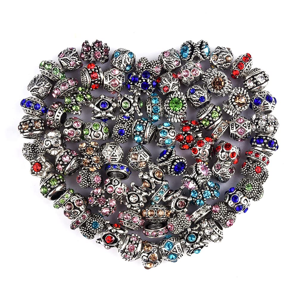 60 Pieces Assorted European Beads with Plating Silver Metal Alloy Rhinestone Large Hole Spacer Beads for DIY Charm Bracelet Jewelry Making (Blue) BST220