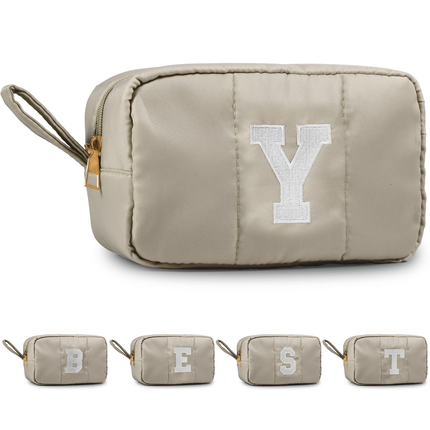 Puffy Makeup Bag for Women,Initial Cosmetic Bag,Cute Travel Toiletry Bag,Puffer Make Up Organizer Bags with Compartments,Personalized Gifts for Girlfriend Bridesmaid Teacher Graduation (Khaki gray, E) BST202