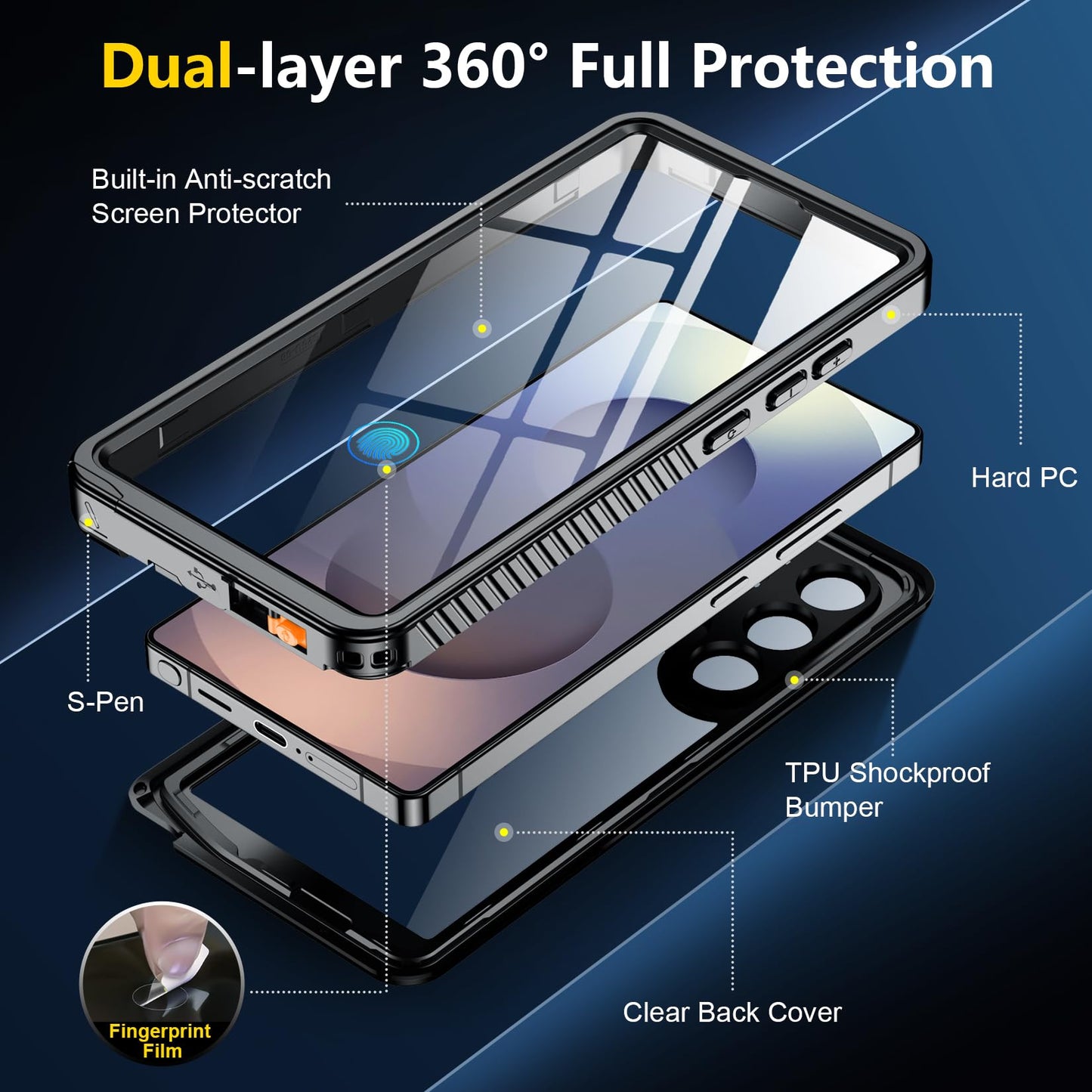 SPIDERCASE Designed for Samsung Galaxy S23 Case Waterproof,Built-in Screen & Camera Lens Protector[IP68 Underwater][Military Grade Shockproof] Full Body Protection Phone Case, Black/Clear WN420