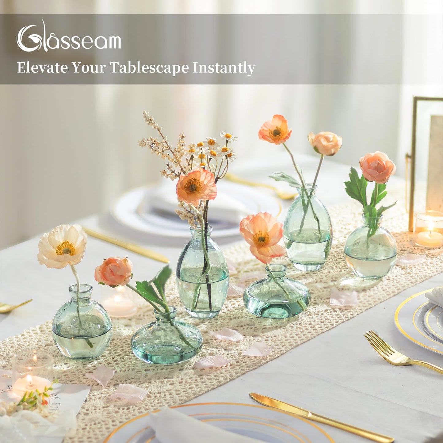 Glasseam Clear Glass Bud Vase, 3Pcs/Set Modern Decorative Small Mini Flowers Vases Short Minimalist Aesthetic Home Decor Vintage Cute Handmade Tiny Wedding Table Centerpieces for Single Flower Rose BST326H
