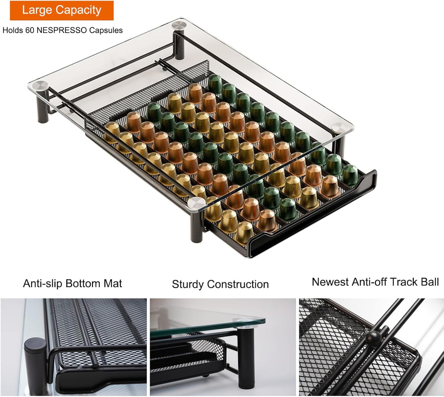 SEVENLINE Crystal Tempered Glass Coffee Pod Storage Drawer Compatible with Nespresso OriginalLine Capsules Holder 60 Original Line Pods Holds Kitchen Organizer BST220