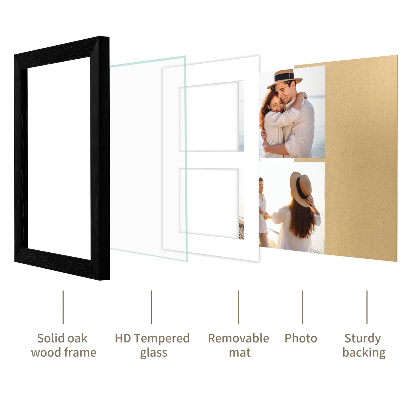 YESKAY 12x16 Picture Frame - 12 x 16 Photo Frame Made of Solid Oak Wood and Real Glass,Display Picture 4 Opening 5x7 with Mat or 12x16 Without Mat for Wall Mounting(Color Walnut) BST326H
