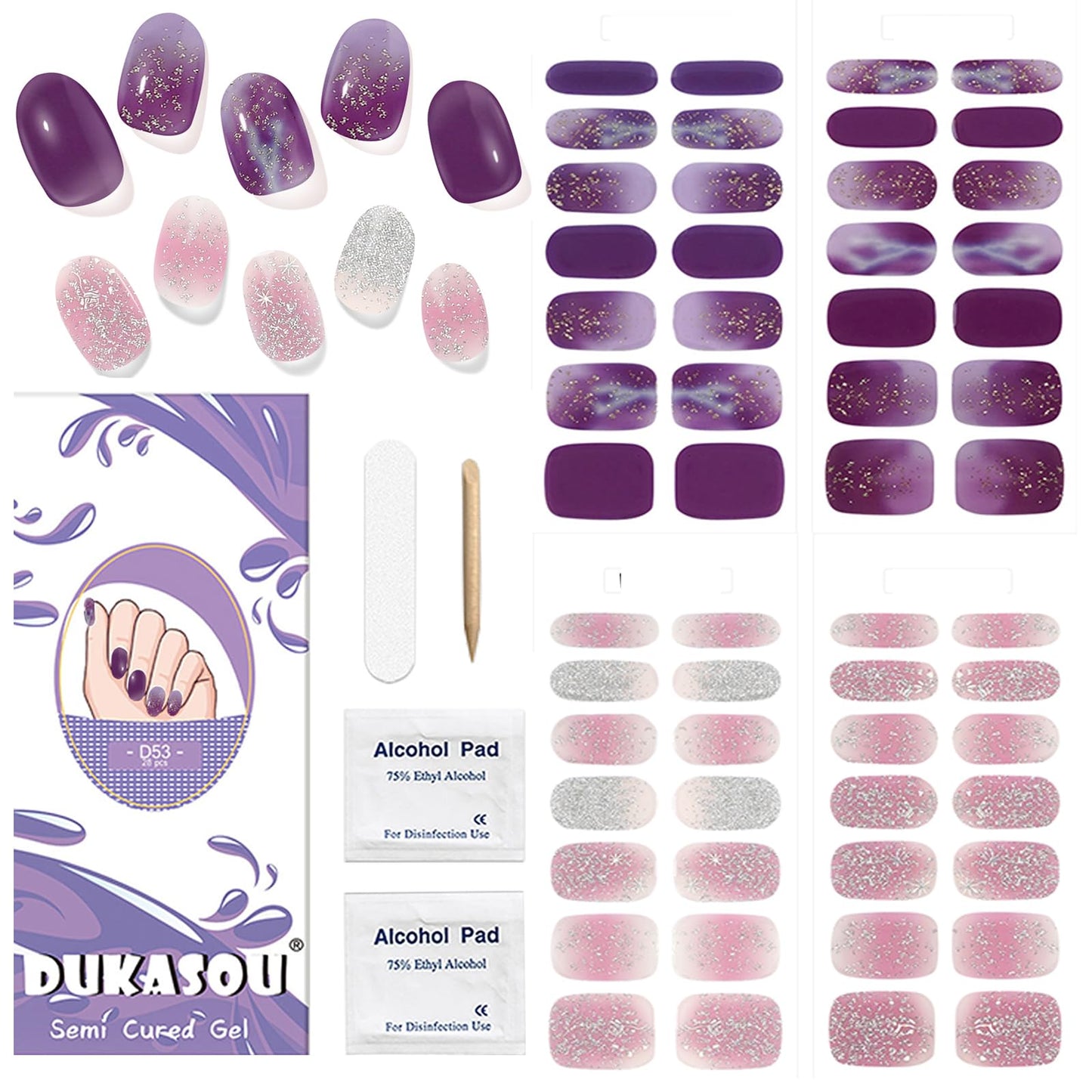 Semi Cured Gel Nail Strips, 56Pcs Nail Art Stickers/Wraps, Long Lasting UV Nail Polish Strips for Adults (Silver Rhinestones+French Tip Glitter) BST220