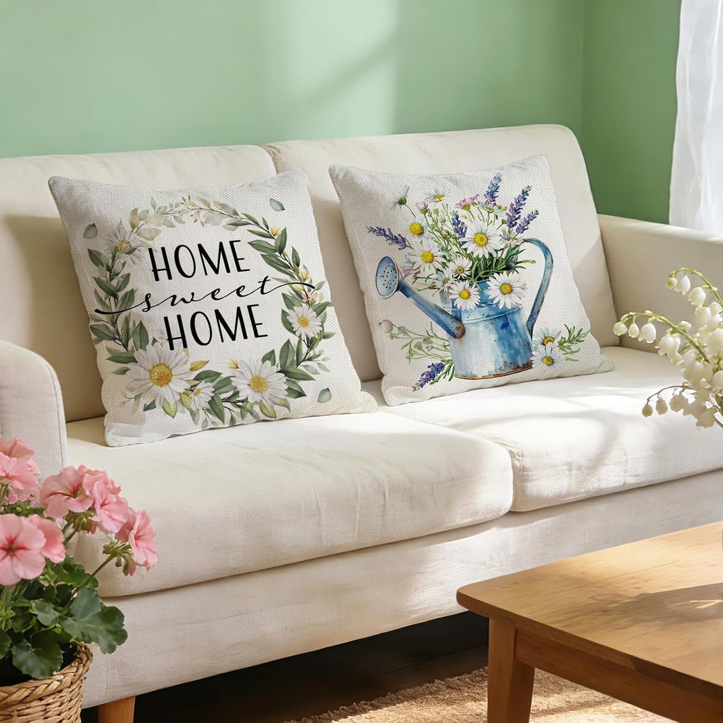Spring Summer Daisy Flower Decorative Throw Pillow Covers | 18 x 18 Set of 4, Home Sweet Home Floral Wreath Watering Can Boots Porch Home Decor, Live Laugh Love Farmhouse Sofa Couch BST202