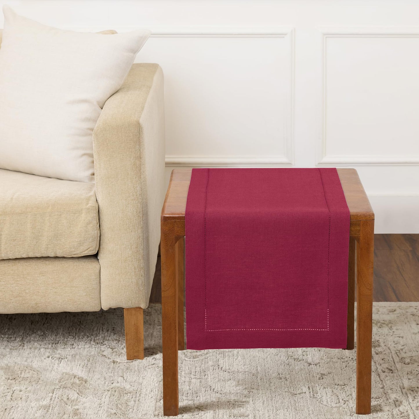 Solino Home 100% Pure Linen Table Runner Garden Green Hemstitch, 14 x 48 in | Classic Hemstitch Table Runners for dining, hallway and console table styling | hand hemstitched borders | OEKO-TEX Certified BST326SOLH