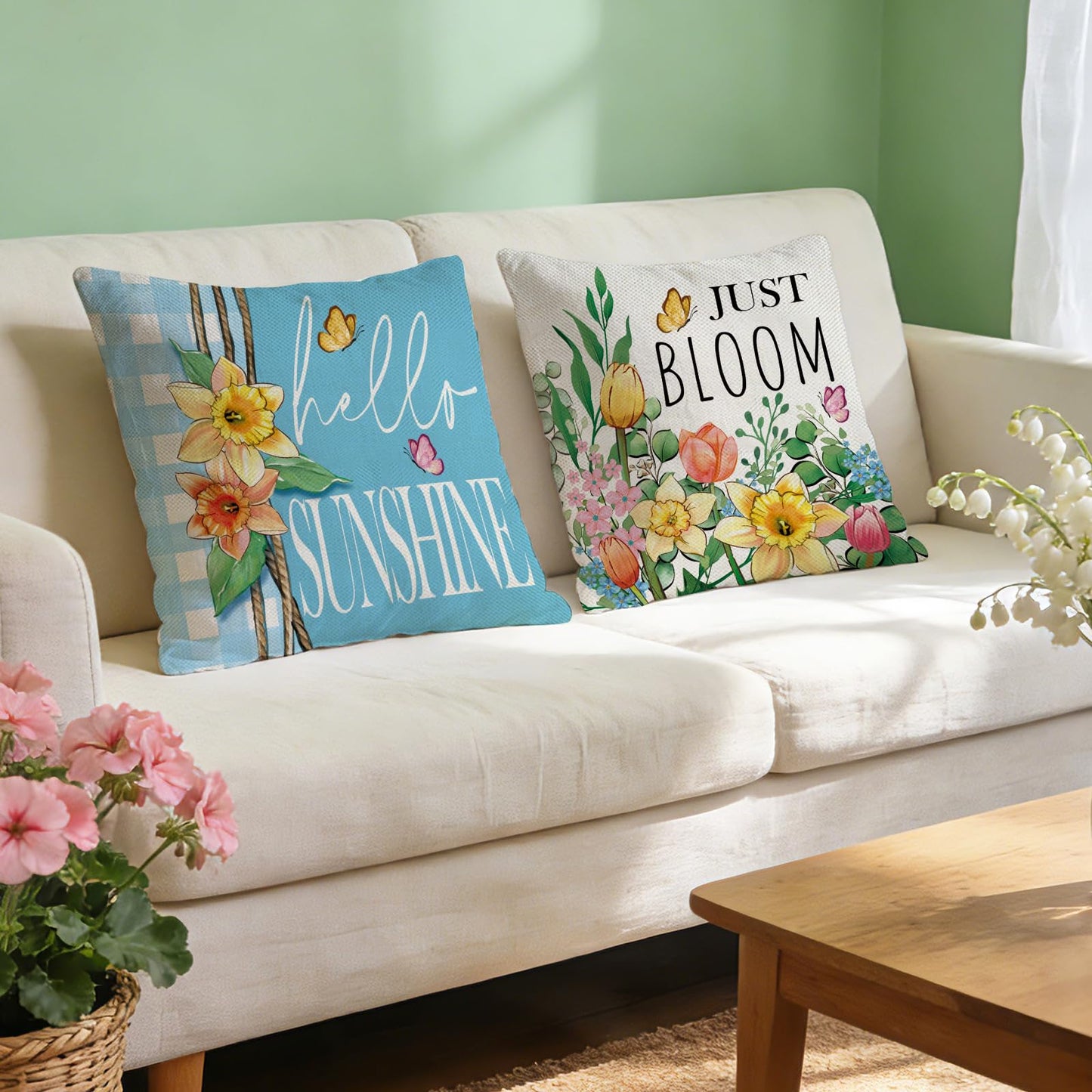 Spring Summer Daisy Flower Decorative Throw Pillow Covers | 18 x 18 Set of 4, Home Sweet Home Floral Wreath Watering Can Boots Porch Home Decor, Live Laugh Love Farmhouse Sofa Couch BST202