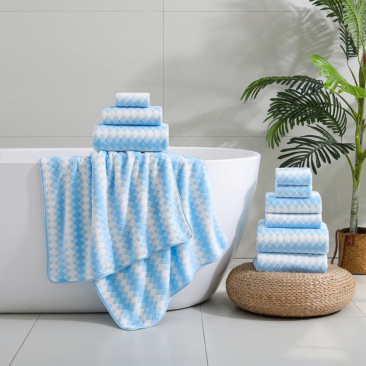 12 Pcs Light Gray Diamond Towel Set-4 Bath Towels,4 Hand Towels,4 Washcloths Soft Polyester Towels with Loop Absorbent Shower Towel Quick Dry Beach Chair Towel Family Towels for Bathroom Spa Gym Pool BST220