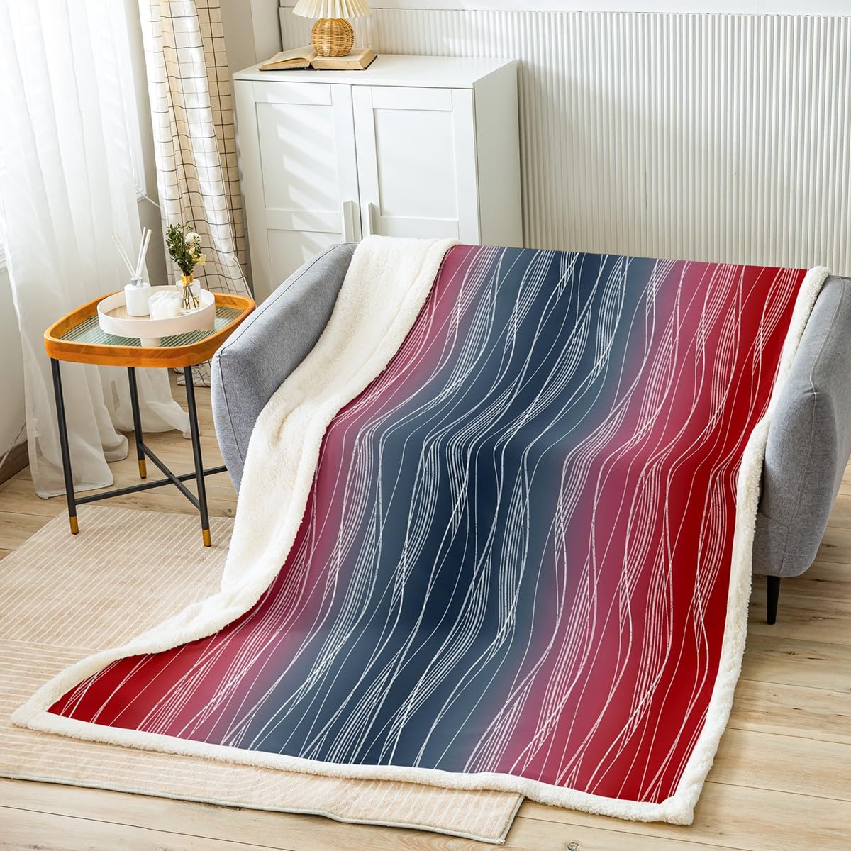 Erosebridal Boys Blue Red Throw Blanket 40"X50" Abstract Ombre Kids Fleece Bed Blanket Geometric Striped Sherpa Blanket Silver White Wavy Line Warm Fuzzy Blanket Soft Lightweight Bedroom Decor BST326H