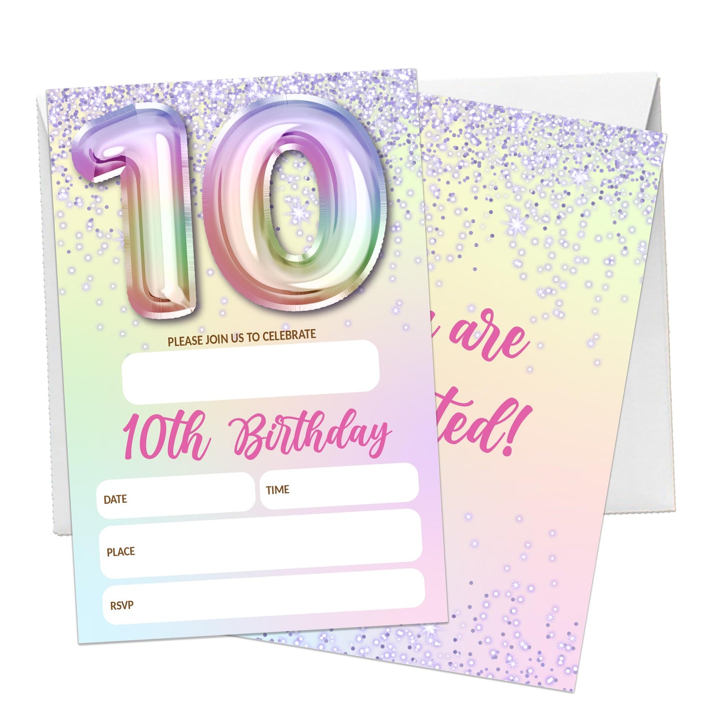 5th Birthday Invitations For Girl,Purple Glitter Birthday Invites, 20 Fill-in Rainbow Balloons Invitation Cards With Envelopes, Fifth Party Decorations 4x6 Inch-D05 WN420