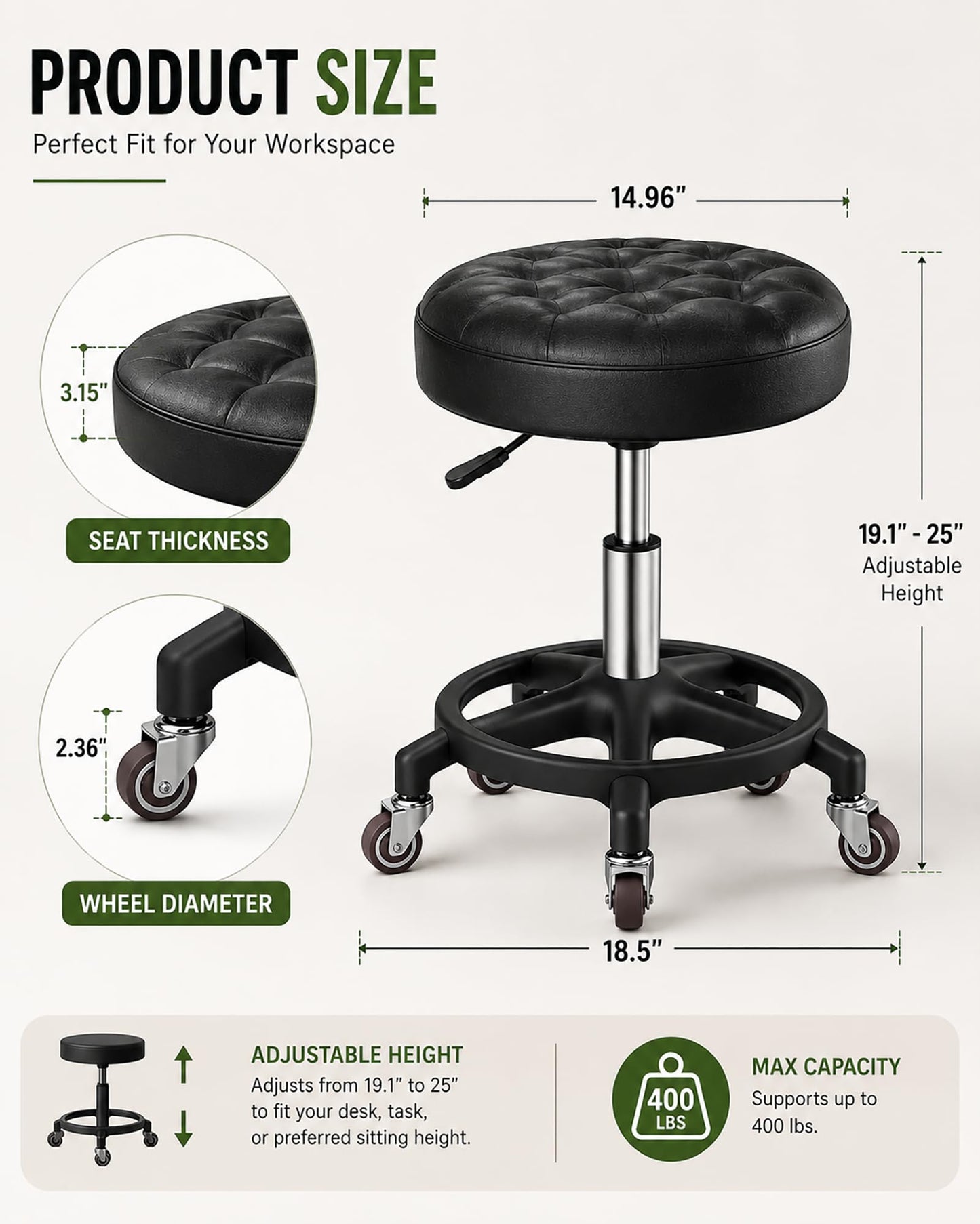 Low Rolling Stool with Smooth & Quiet Bearing Rubber Wheels, Heavy Duty 600 lb Capacity Mechanics Rolling Seat for Garage, Salon, Cleaning & Auto Repair, Black Seat with Black Frame WN420