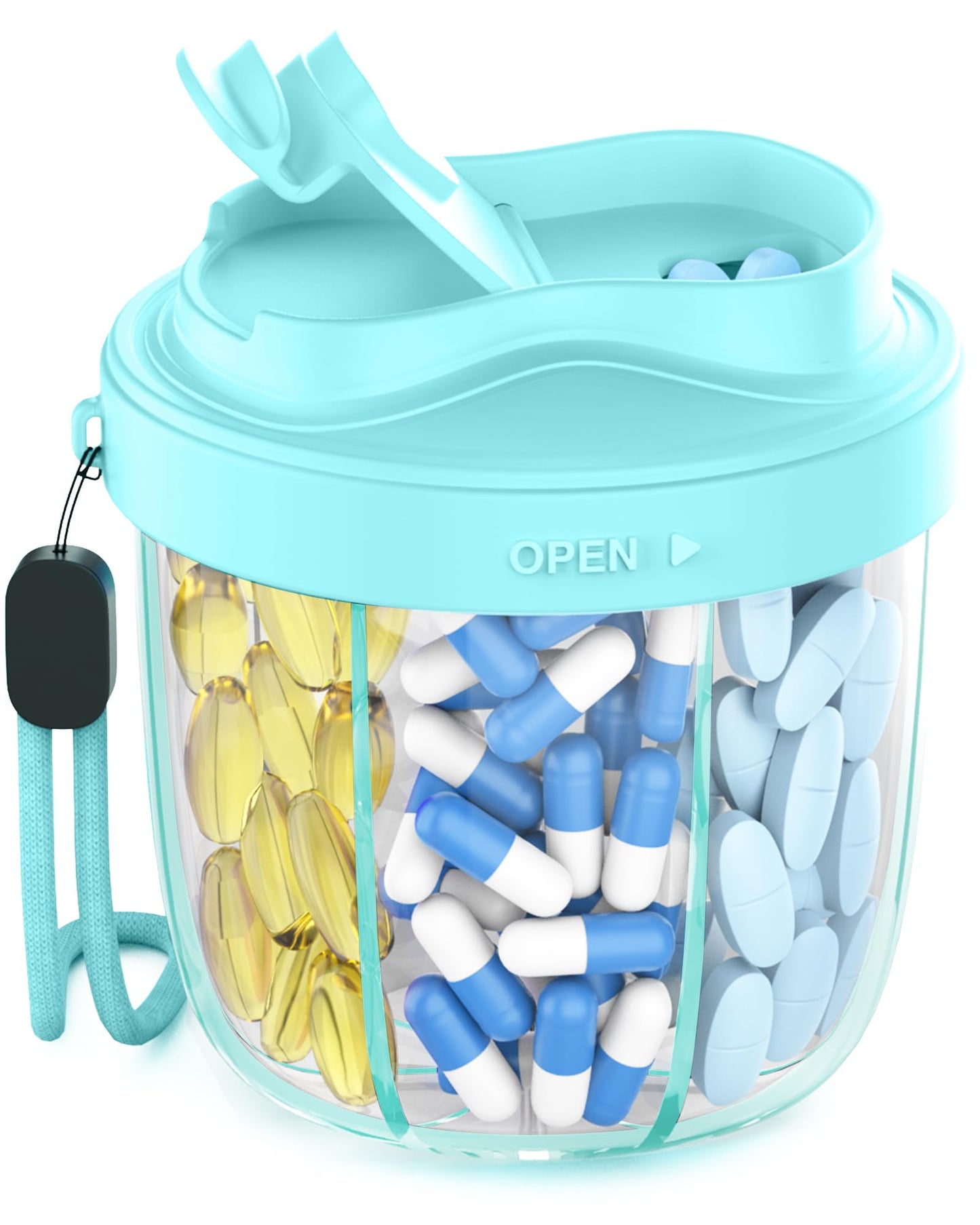 Cute Pill Organizer,Pill Dispenser with 7 Large Compartments,Portable Pill Bottle Box with Wide Opening for Easy Use, Anti-Mix Pills Organizer for Travel,Includes 20 Pcs Sticky Labels(Black) WN420