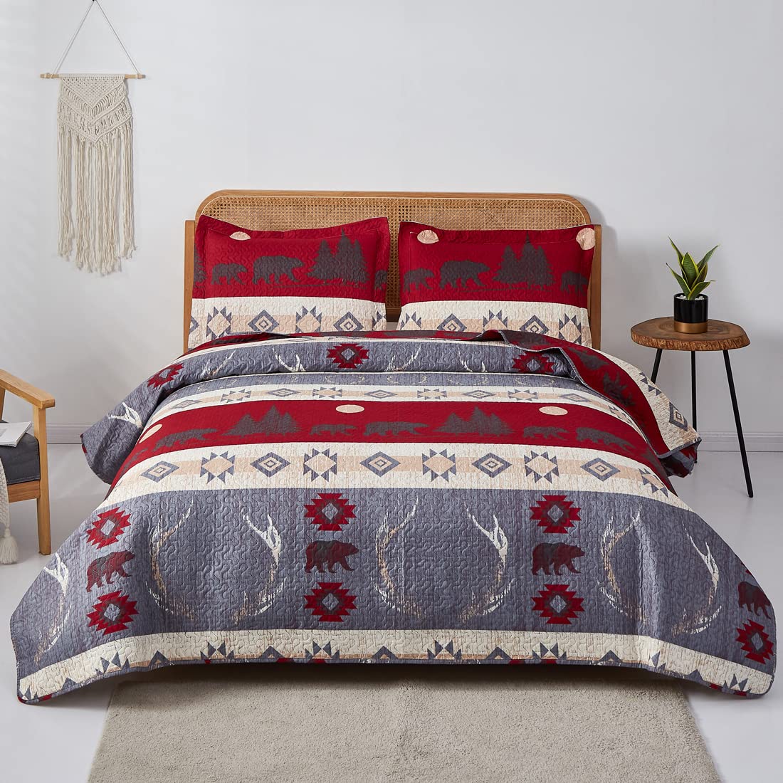 Rustic Moose Quilt Set King Size Lodge Quilt Lightweight Summer Cabin Bedspread Country Bedding Forest Bear Fish Pine Coverlet Daybed Cover Blanket Woodland Home Decor-Brown White BST220