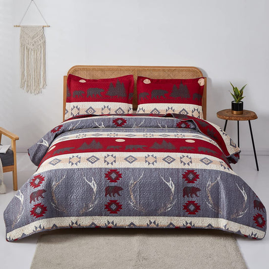 Rustic Moose Quilt Set King Size Lodge Quilt Lightweight Summer Cabin Bedspread Country Bedding Forest Bear Fish Pine Coverlet Daybed Cover Blanket Woodland Home Decor-Brown White BST220