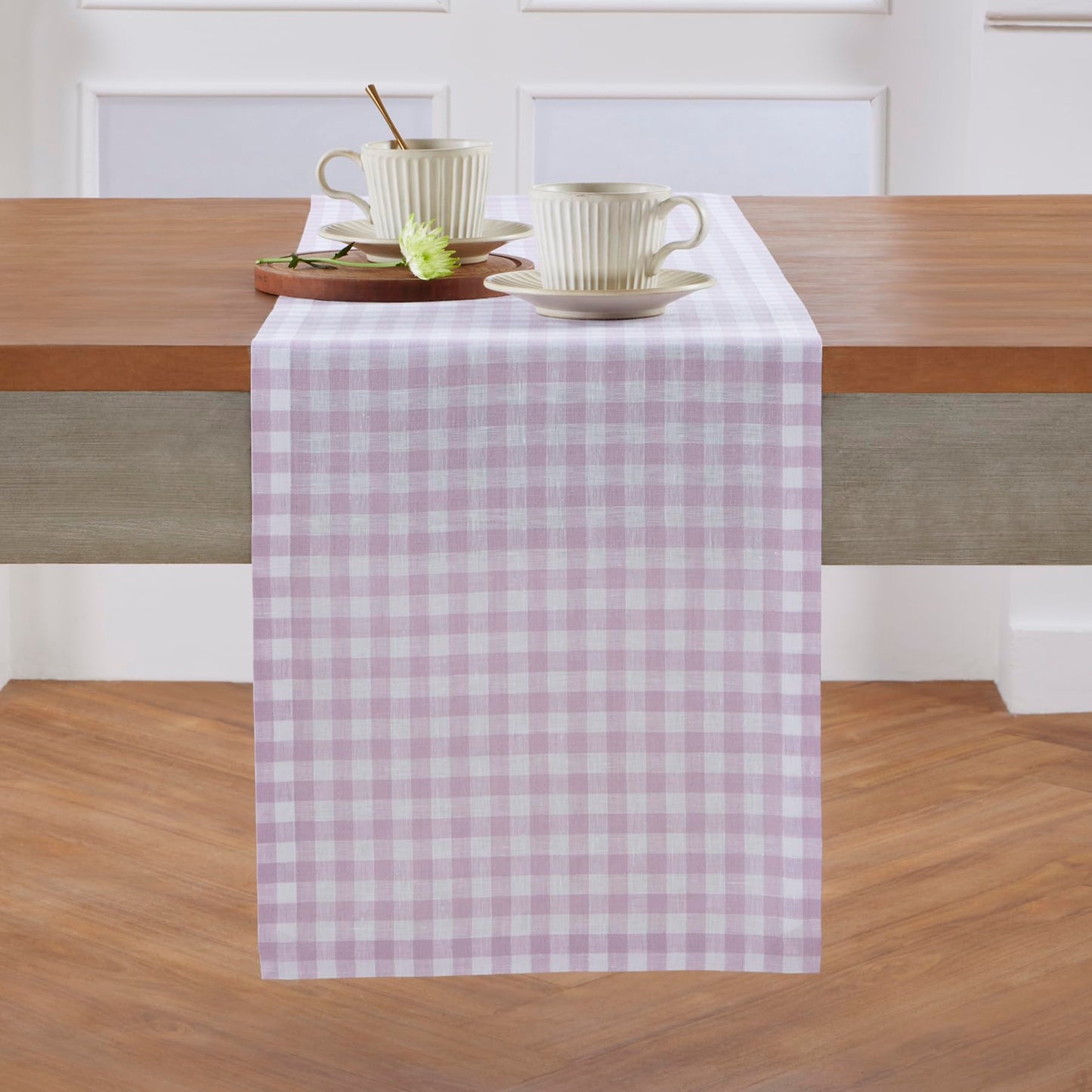 Solino Home 100% Pure Linen Table Runner Apricot, Gingham Check 14 x 36 in | Table Runners for nightstands, end tables, coffee tables and dressers | checkered weave, mitered corners | OEKO-TEX Certified BST326SOLH