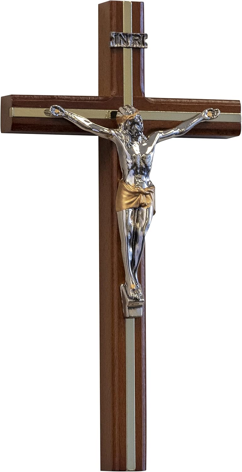 Dark Brown Wooden Crucifix with Gold-Tone Metal Inlay and Silver-Tone Corpus | Christian Home | Great Catholic Gift for Baptism, First Communion, and Confirmation BST220