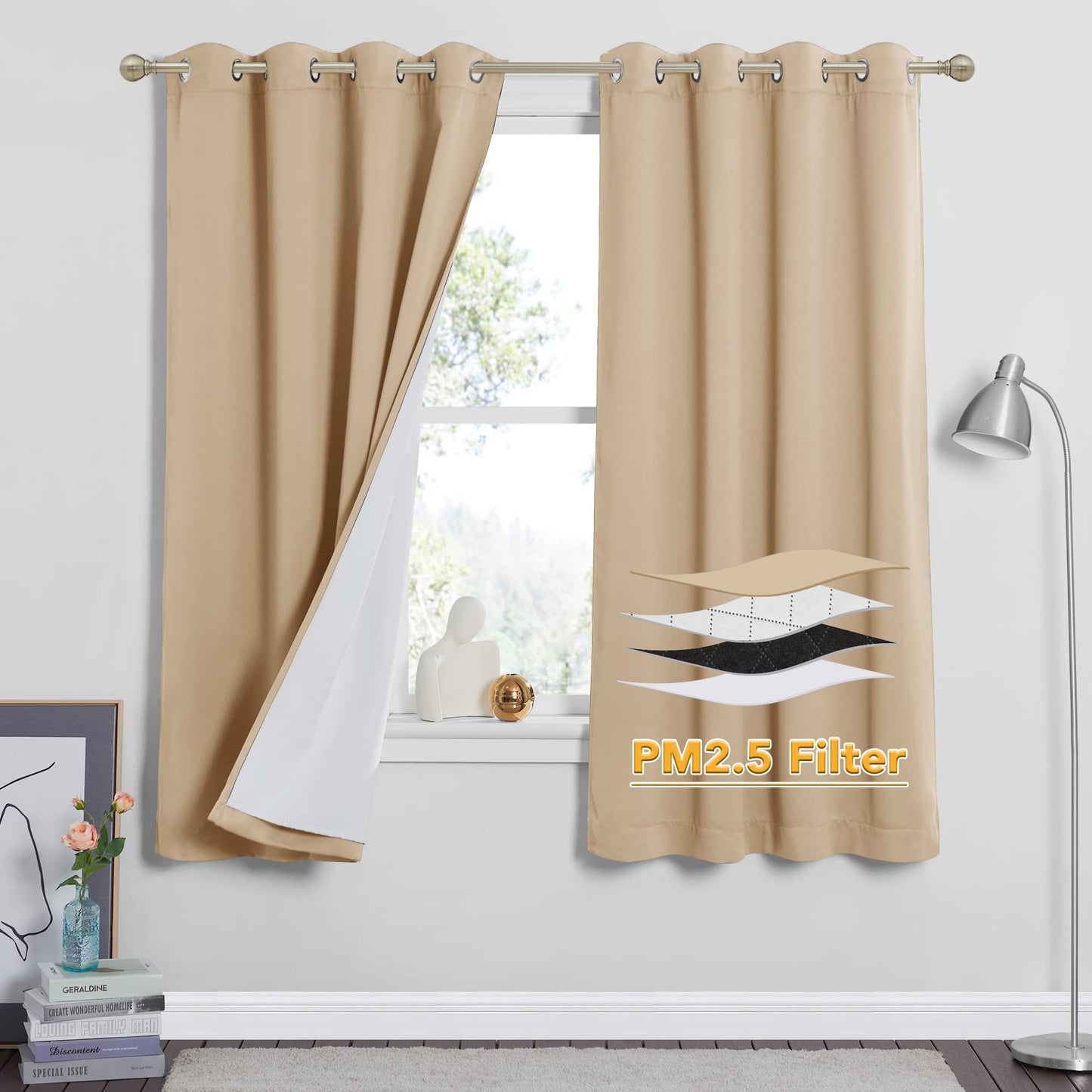 RYB HOME 4-in-1 Dust Filtering Soundproof Blackout Insulating Privacy Window Curtains for Nursery Bedroom Living Room Rivider Sound Absorption Sheet, Black, W52 x L90 inch, 2 Panels BST220