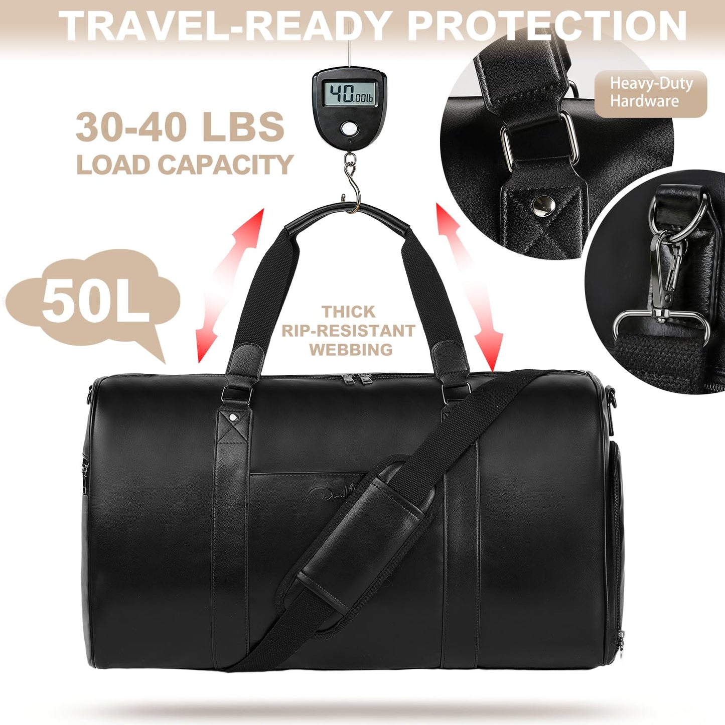 Large 4-in-1 Leather Duffle Bag for Travel Weekender Overnight Hospital Gym Bag for Men & Women, Carry On Airline Approved Personal Item Duffel Garment Bag Luggage with Shoe Compartment & Toiletry Bag BST326H