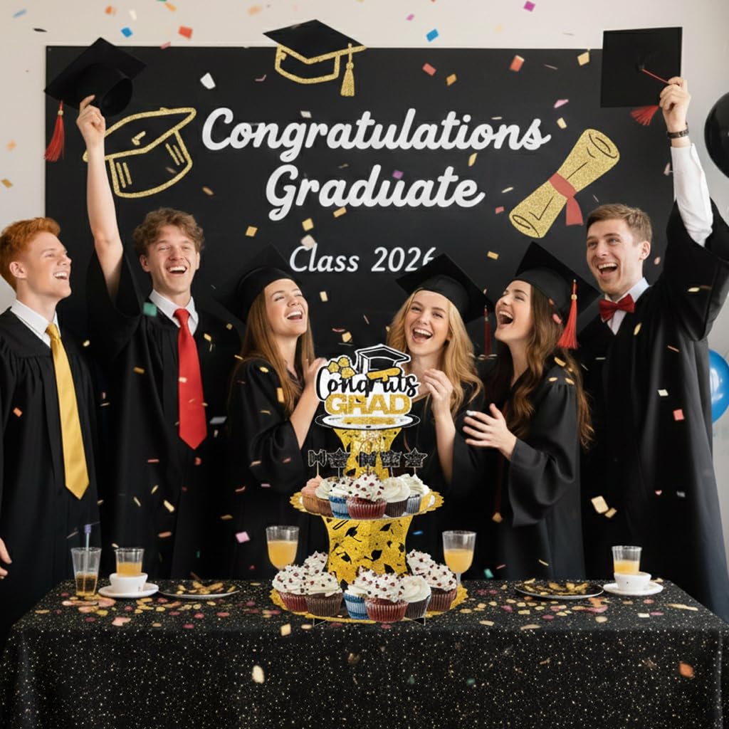 Graduation Cupcake Stand Decoration, 3 Tier Congrats Grad Party Cupcake Holder Tower, Cardboard Grad Theme Dessert Cookies Stand for Graduation Party Supplies Favors (Black & Gold) BST220