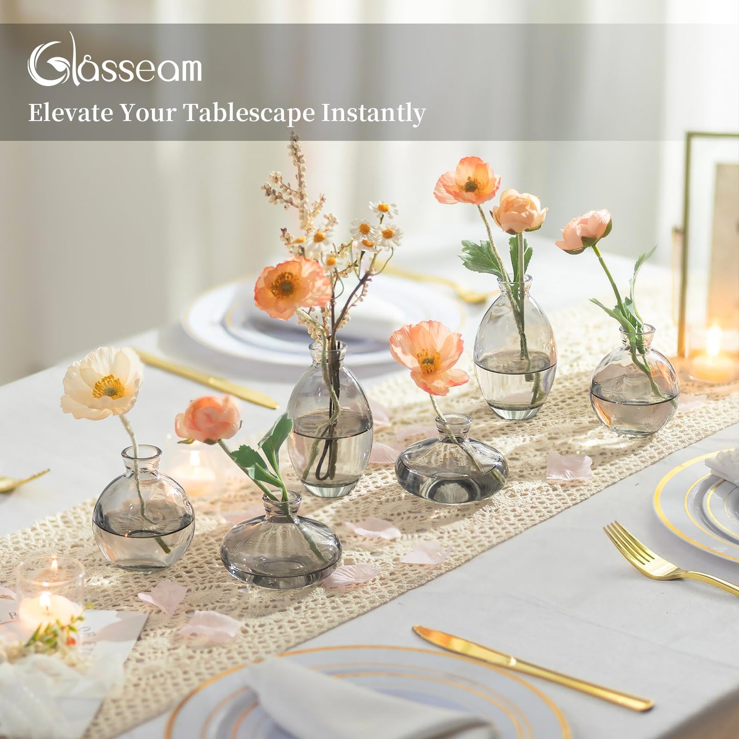 Glasseam Clear Glass Bud Vase, 3Pcs/Set Modern Decorative Small Mini Flowers Vases Short Minimalist Aesthetic Home Decor Vintage Cute Handmade Tiny Wedding Table Centerpieces for Single Flower Rose BST326H