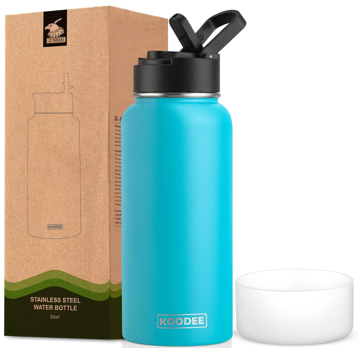 koodee Water Bottle-12 oz Stainless Steel Double Wall Vacuum Insulated Water Bottle for School-Wide Mouth Flask with Straw Lid (Teal) BST220